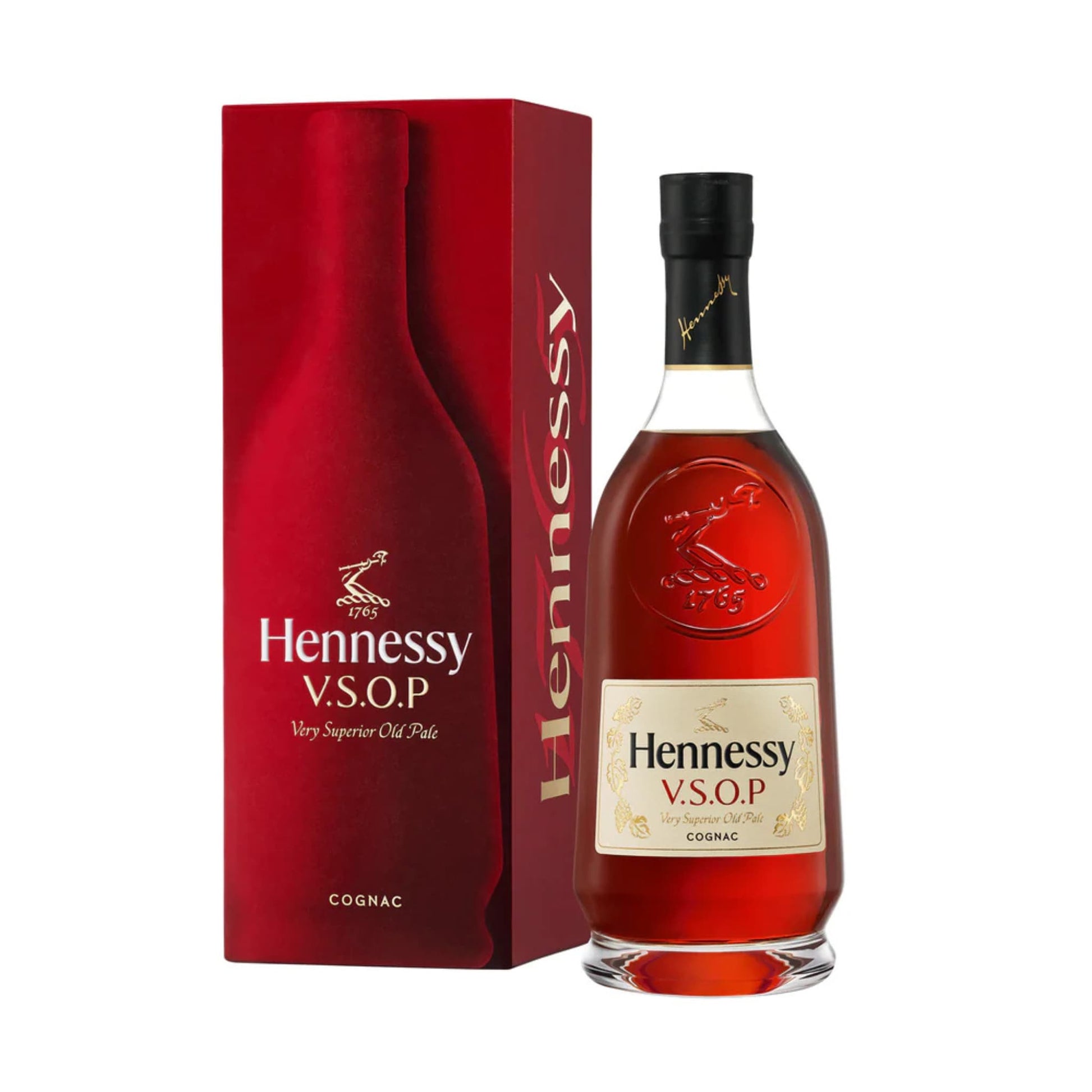 Hennessy V.S.O.P cognac bottle and red gift box on a white background