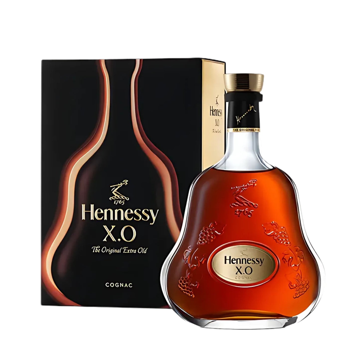 Hennessy XO cognac bottle and packaging on a white background