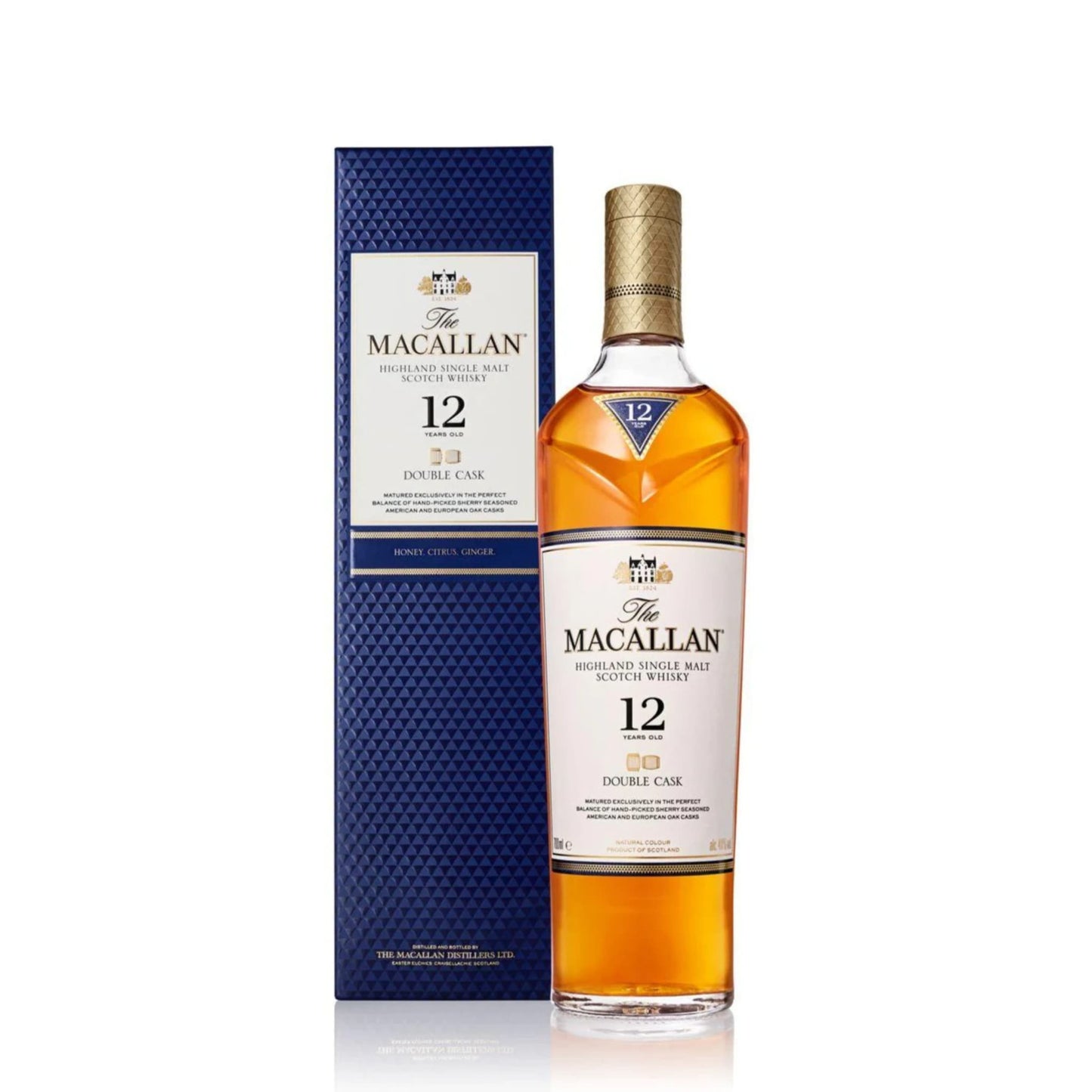 The Macallan 12-year-old double cask whisky bottle and box on a white background