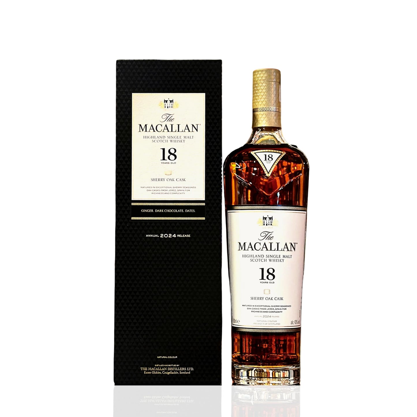 The Macallan 18-year-old whisky bottle and box on a white background