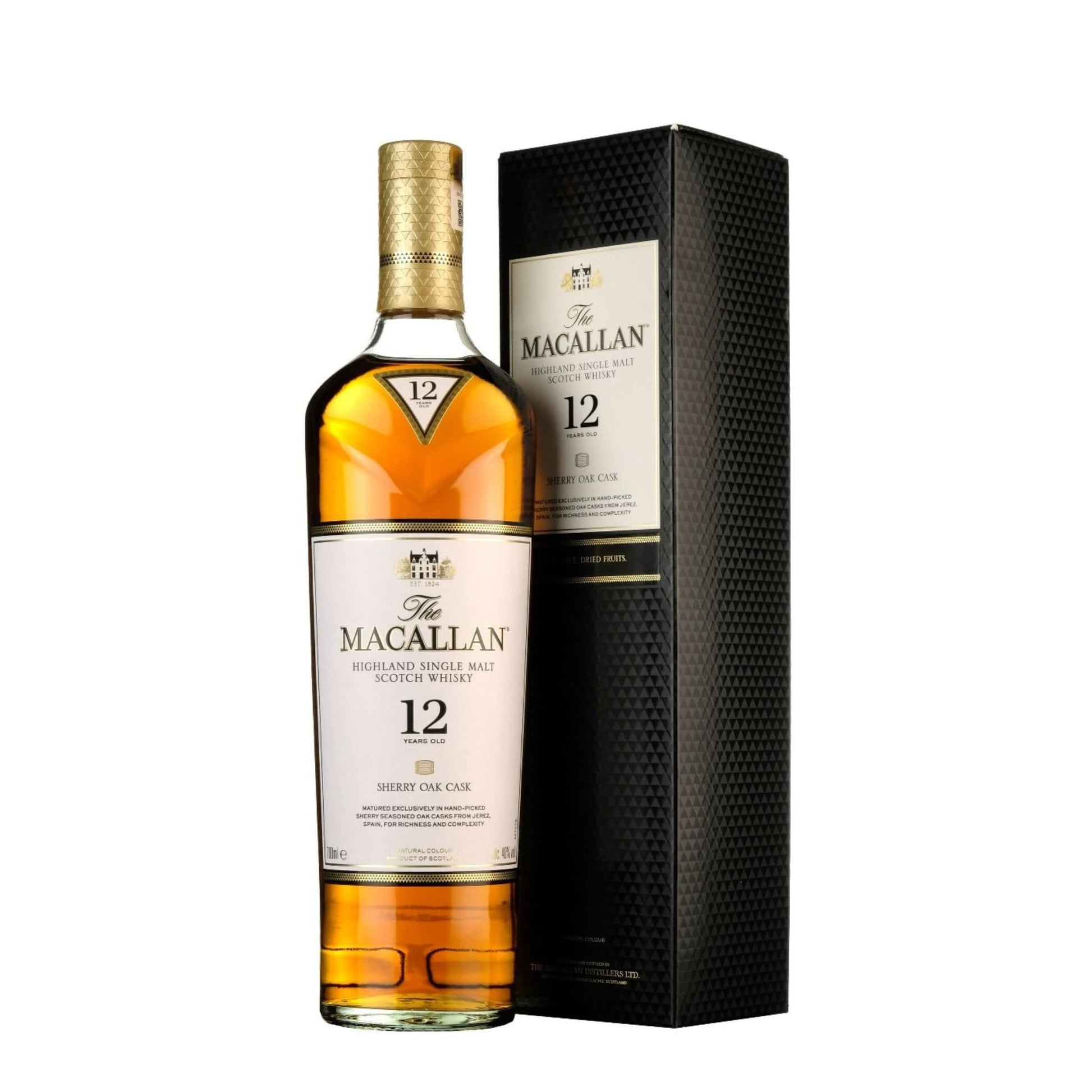 The Macallan 12-year-old whisky bottle and packaging on a white background