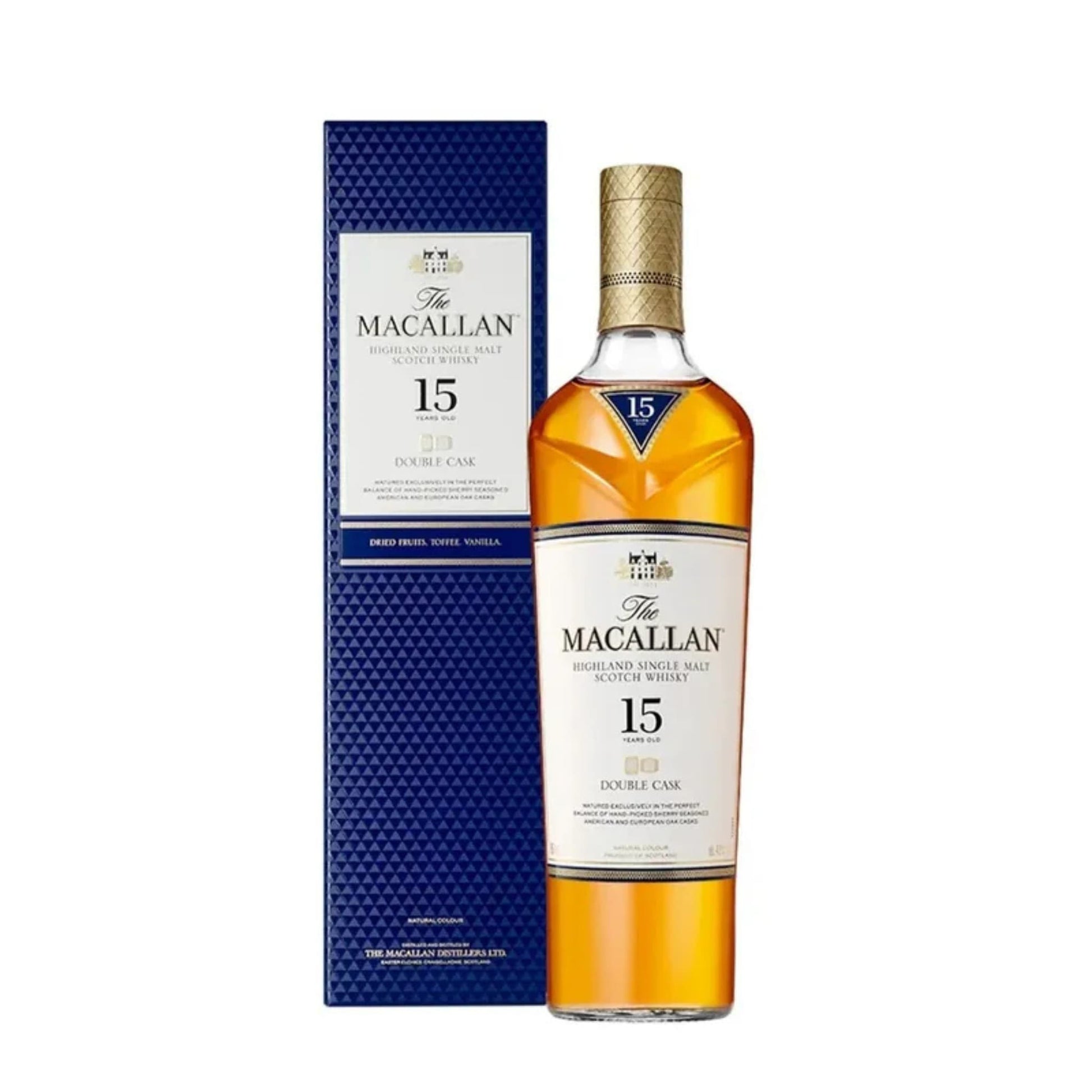 The Macallan 15-year-old whisky bottle with packaging on a white background